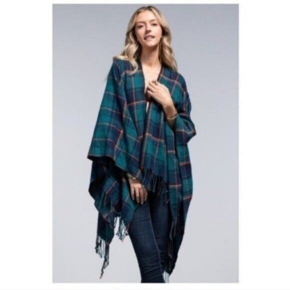 BUFFALO PLAID TEAL RUANA PONCHO-NEW-ONE SIZE-NEW - Picture 2 of 6